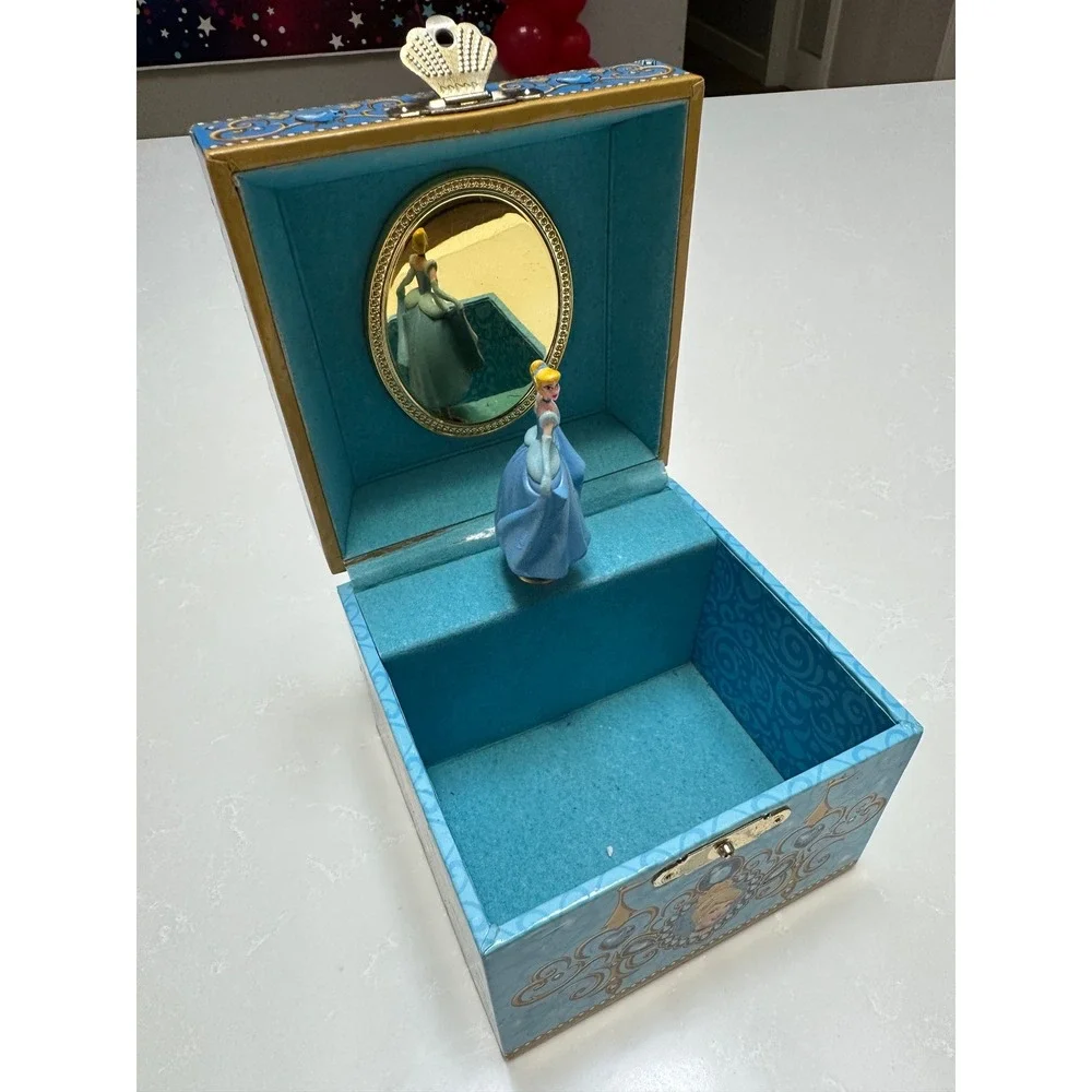 Disney Cinderella Musical Jewelry Box Blue Gold Wind Up Rotating Figurine Mirror